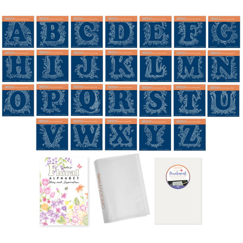 Linda's Floral Alphabet A6 Square Groovi Plate Collection & Folder + FREE A5 Parchment!