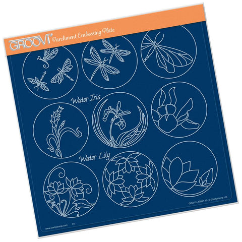 Linda's 123 - F <br/>Dragonfly, Water Iris & Water Lily <br/>A4 Square Groovi Plate