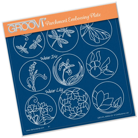 Linda's 123 - F <br/>Dragonfly, Water Iris & Water Lily <br/>A5 Square Groovi Plate <br/>(Set GRO-FL-40998-03)